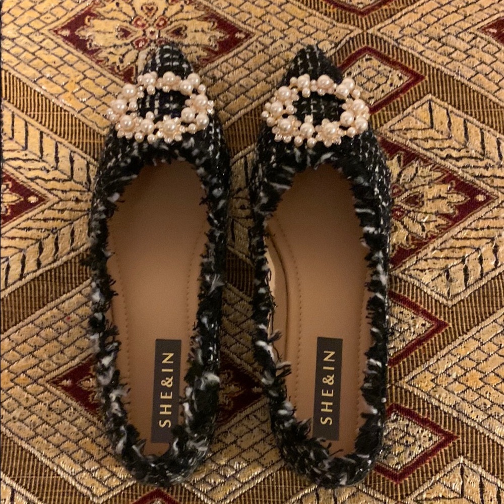 Black and White Tweed Flats with Pearl Embellishment